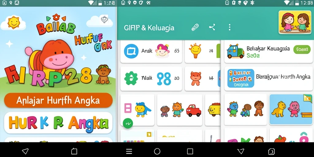 Tampilan antarmuka aplikasi GIFTRP288 yang interaktif dan menarik untuk belajar huruf dan angka.