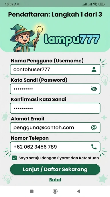 Tampilan halaman daftar lampu777